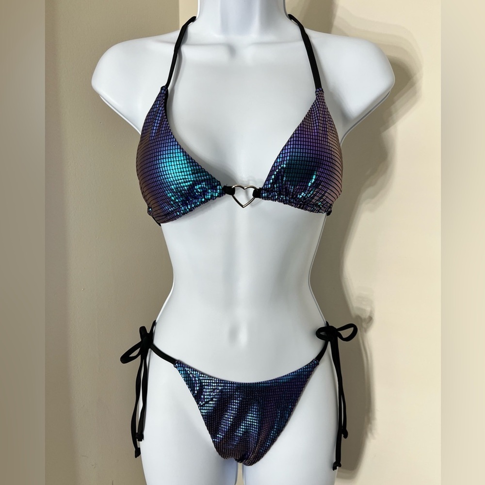 3pc Holographic Triangle Halter Tie Side Bikini Set with Sarong Cover Up - Picture 6 of 11